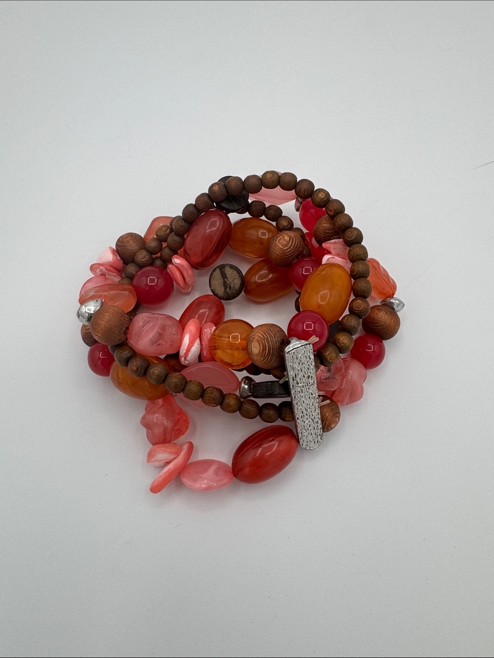 Multi-Strand Coral & Wood Beaded Bracelet